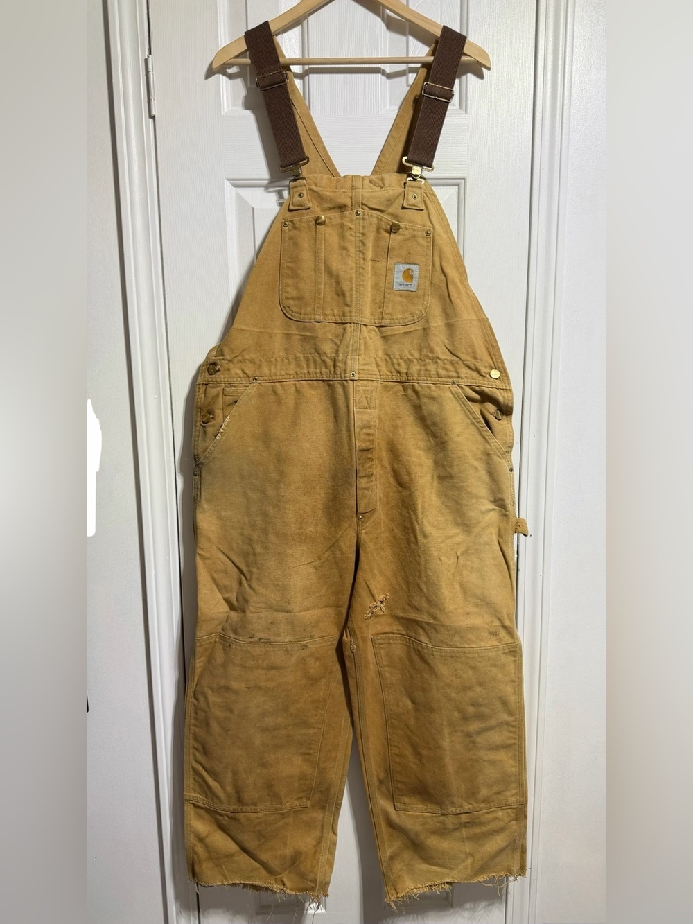 Carhartt vintage distressed trashed tan duck double knee bib overalls 38x30